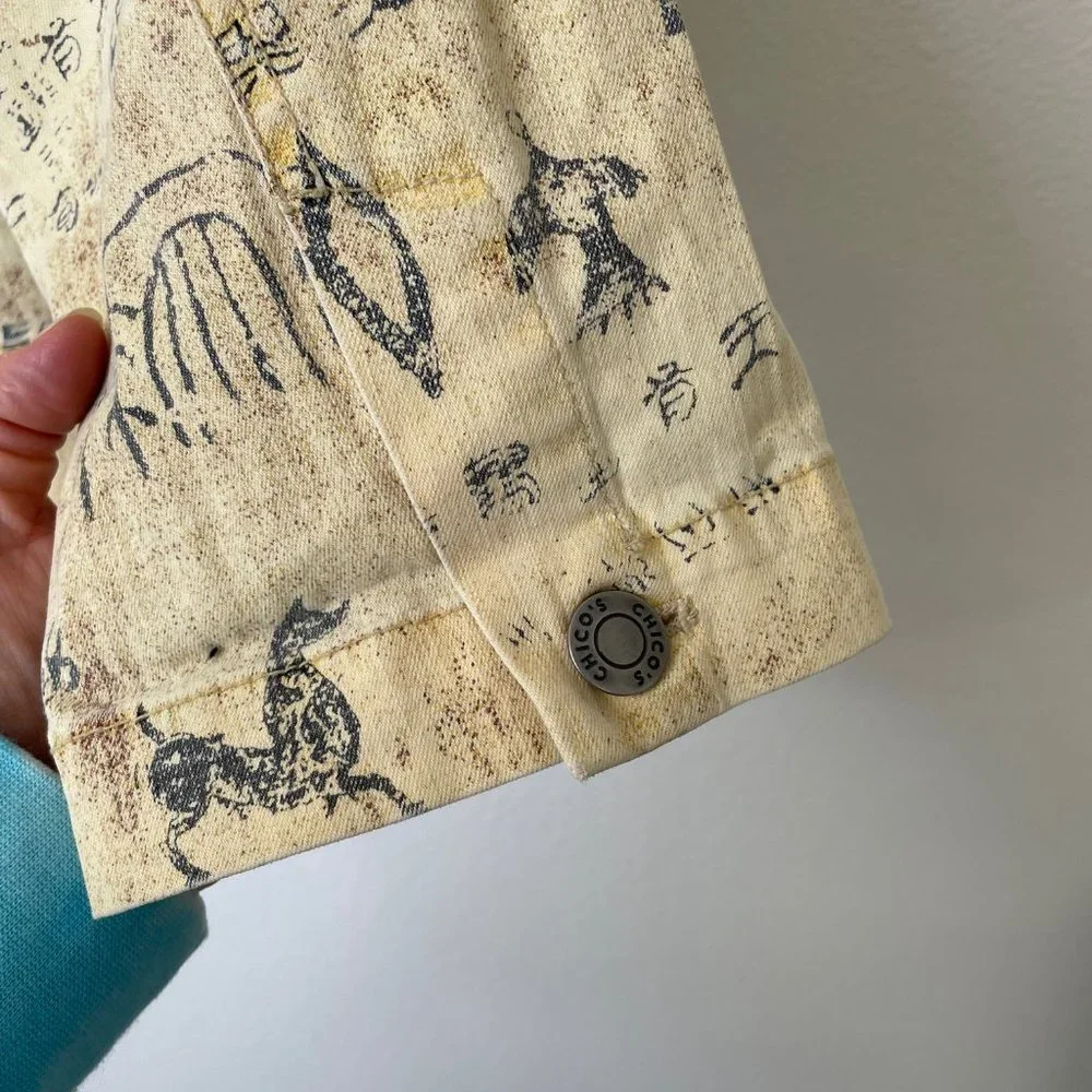 Chico's Yellow Cave Painting Native Design Button Up Light Cotton Jacket - Picture 8 of 13